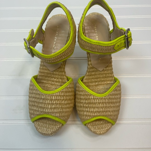 Loeffler Randall 5.5B‎ Wedge Sandals Neon Trim Raffia Straw Peep Toe Shoes - Picture 6 of 6